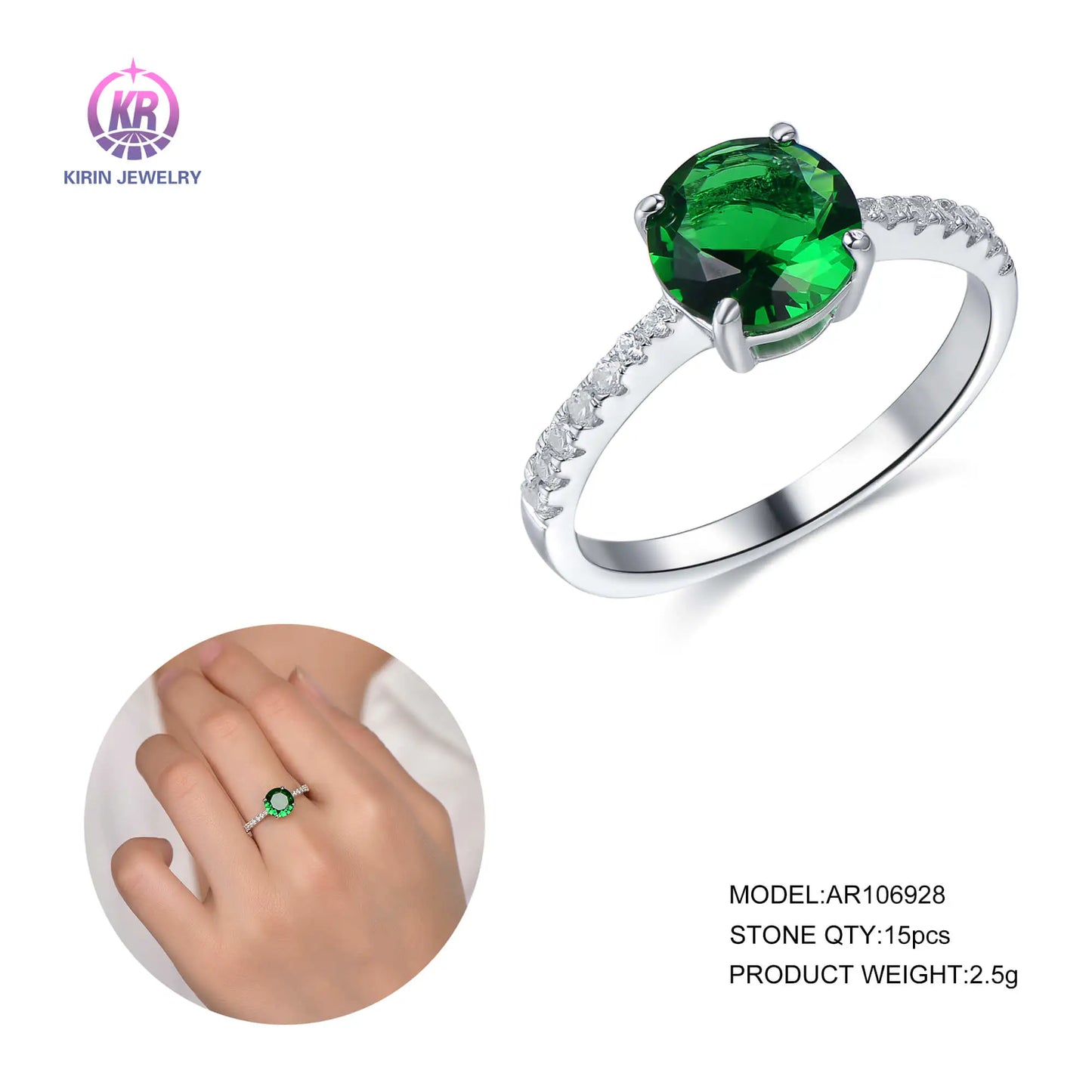 Wholesale Silver Cubic Zircon & Glass Half Eternity Lab Created Emerald Solitaire Rings for Women