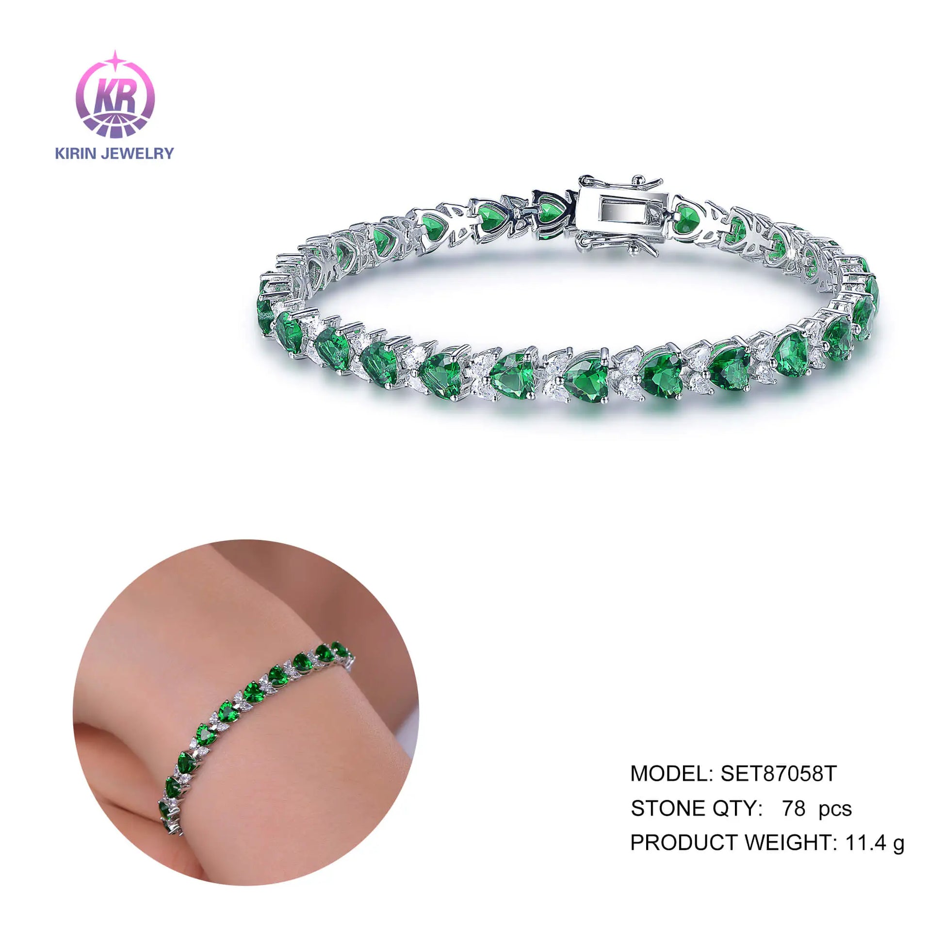 Wholesale Silver Cubic Zircon & Glass Lab Created Emerald Heart Shape Tennis Bracelet​ for Women