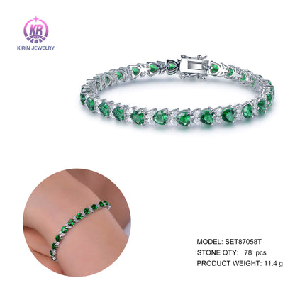 Wholesale Silver Cubic Zircon & Glass Lab Created Emerald Heart Shape Tennis Bracelet​ for Women