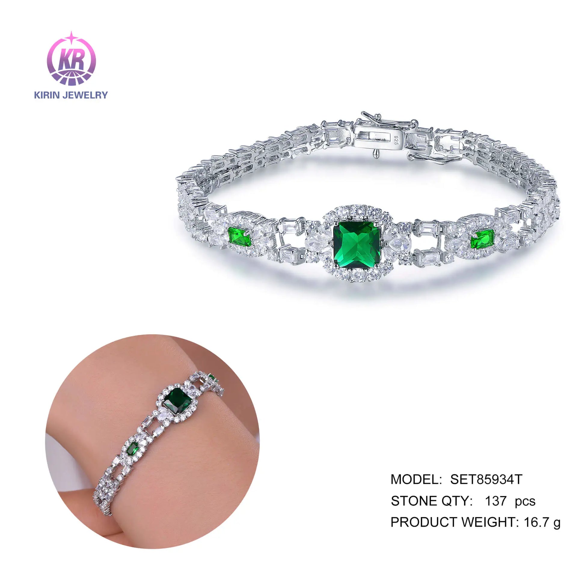 Wholesale Silver Cubic Zircon & Glass Lab Created Emerald and Diamond Bracelet for Women