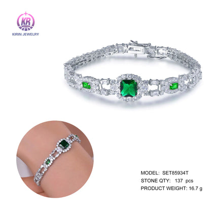 Wholesale Silver Cubic Zircon & Glass Lab Created Emerald and Diamond Bracelet for Women