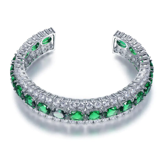 Wholesale Silver Cubic Zircon & Glass Lab Created Green Emerald Tennis Bangle