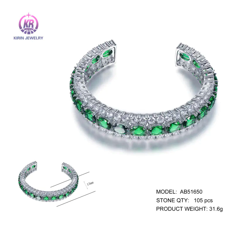 Wholesale Silver Cubic Zircon & Glass Lab Created Green Emerald Tennis Bangle​ for Women
