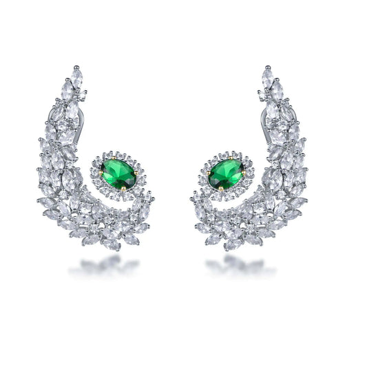 Wholesale Silver Cubic Zircon & Glass Leaf Design Large Dangle Drop Earring