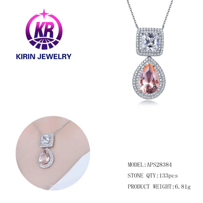 Wholesale Silver Cubic Zircon & Glass Oval Pear Gemstone Pendant Necklace for Women