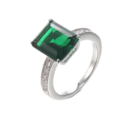 Wholesale Silver Cubic Zircon & Glass Princess Cut Lab Created Emerald Solitaire Ring