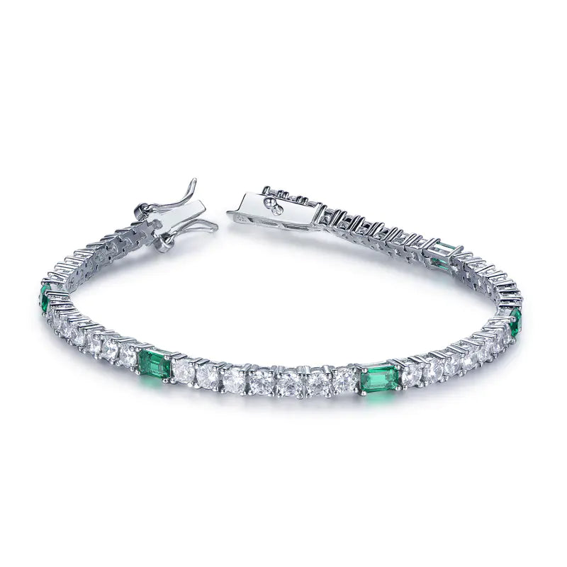 Wholesale Silver Cubic Zircon & Glass Simulated Diamond Emerald Tennis Bracelet​