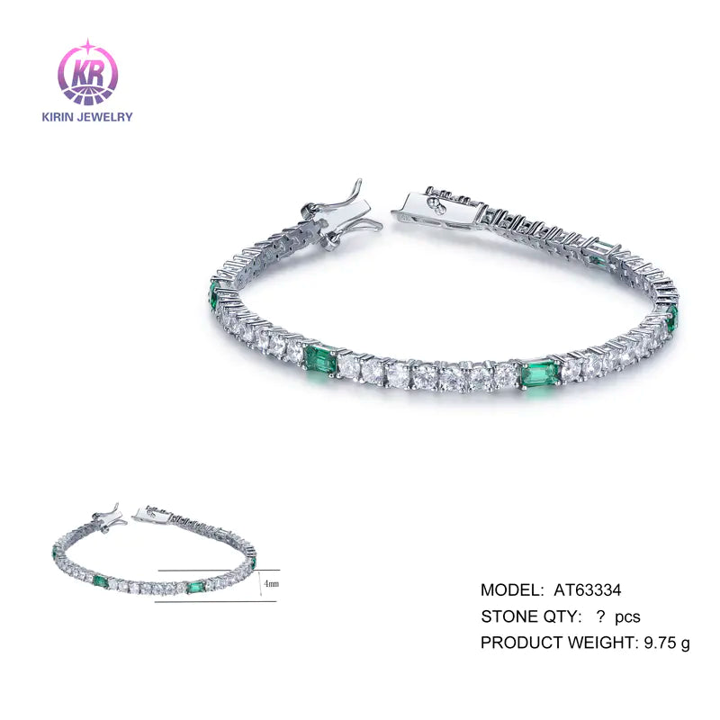 Wholesale Silver Cubic Zircon & Glass Simulated Diamond Emerald Tennis Bracelet​ for Women
