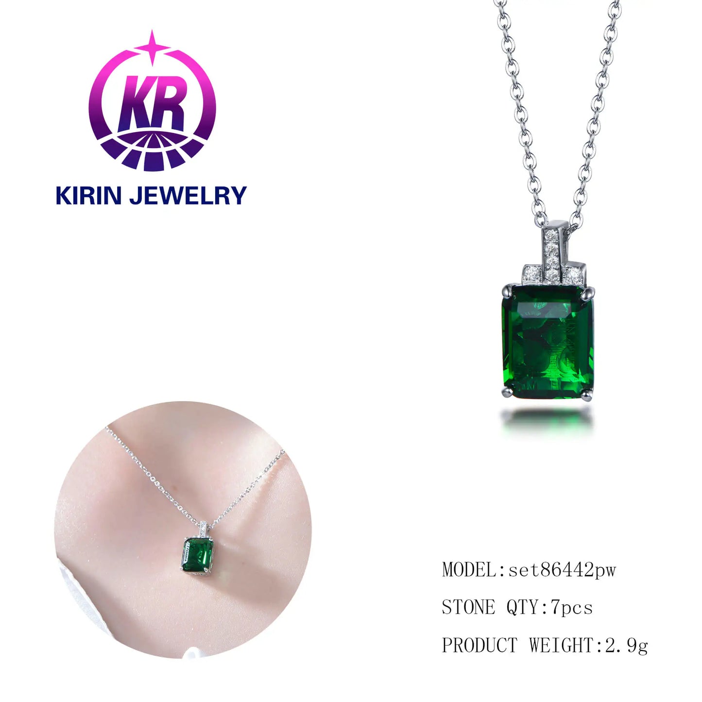 Wholesale Silver Cubic Zircon & Glass Solitaire Lab Grown Emerald Pendant for Women