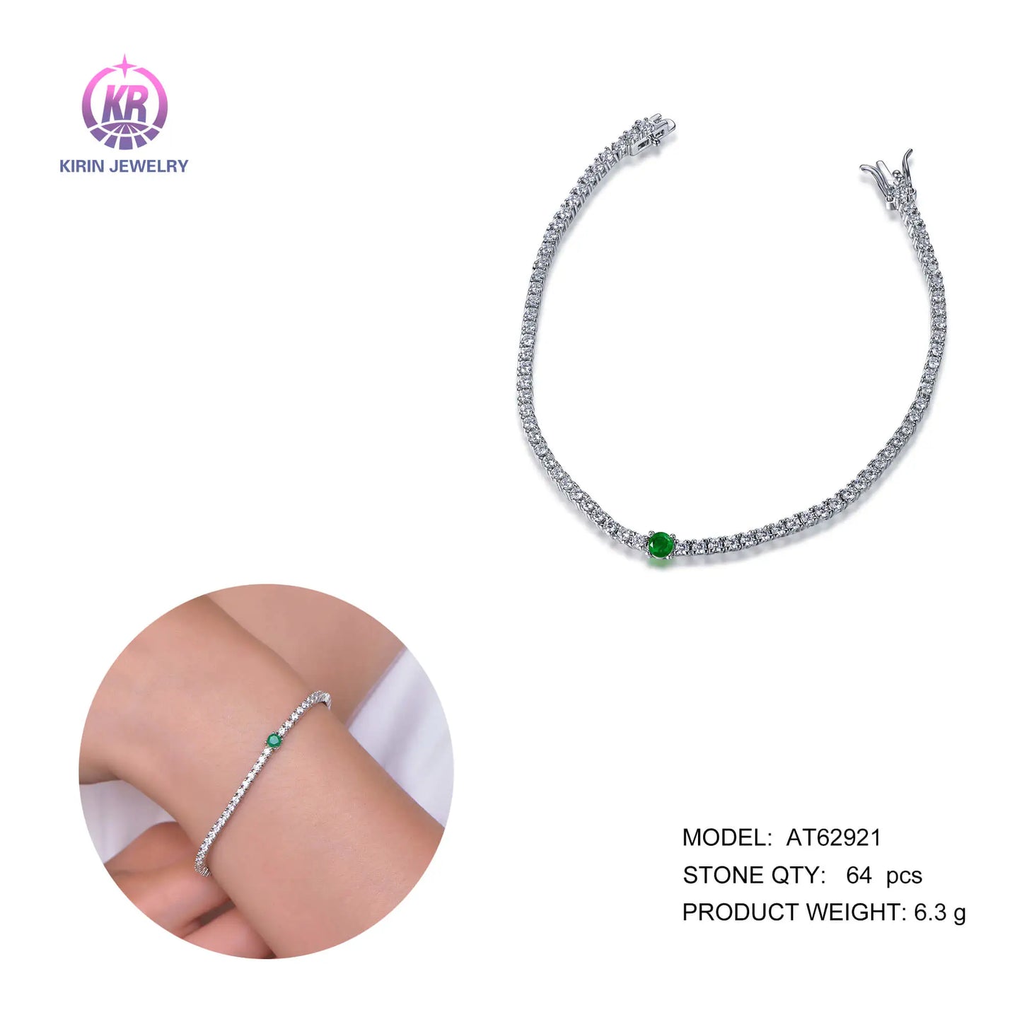 Wholesale Silver Cubic Zircon & Glass Thin Lab Grown Emerald Bracelet for Women