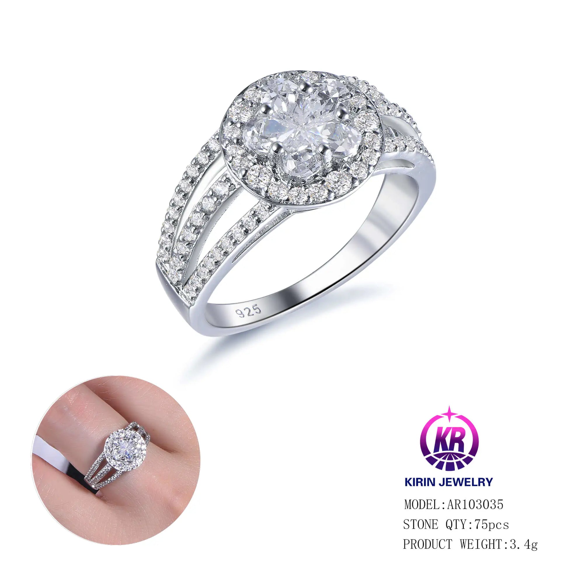 Wholesale Silver Cubic Zircon Halo Triple Shank Round Lab Diamond Cluster Ring for Women