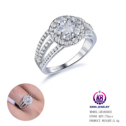 Wholesale Silver Cubic Zircon Halo Triple Shank Round Lab Diamond Cluster Ring for Women