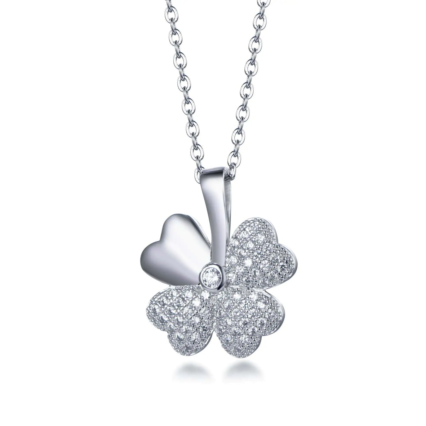 Wholesale Silver Cubic Zircon Heart Leaves Paved Four Leaf Clover Pendant