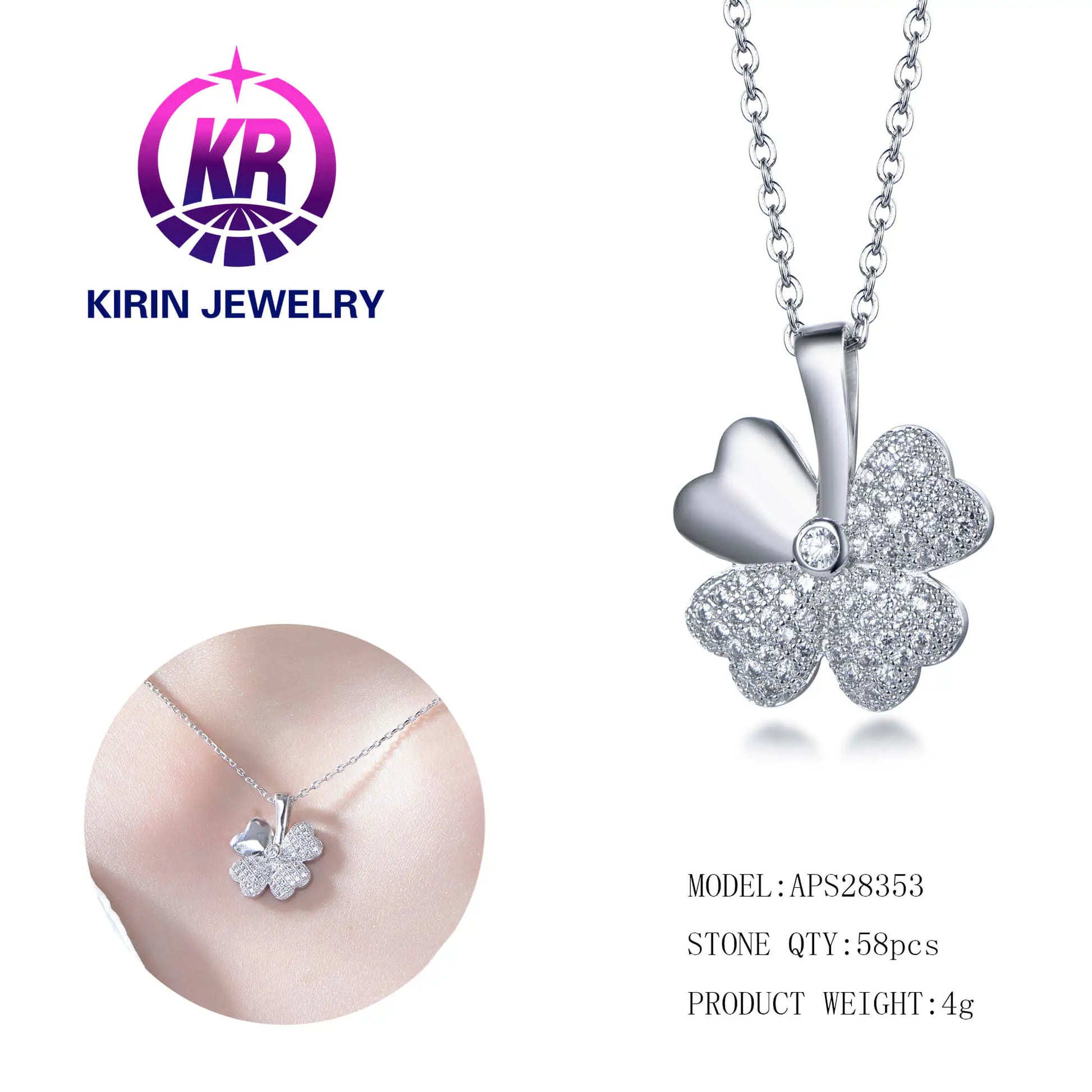 Wholesale Silver Cubic Zircon Heart Leaves Paved Four Leaf Clover Pendant for Women