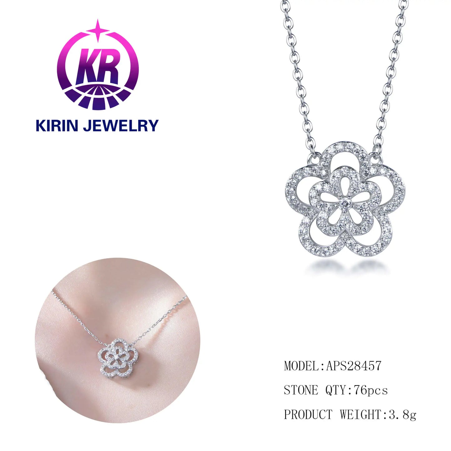 Wholesale Silver Cubic Zircon Hollow Out Collarbone Chain Plumeria Flower Pendant​ for Women