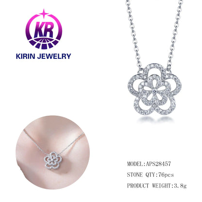 Wholesale Silver Cubic Zircon Hollow Out Collarbone Chain Plumeria Flower Pendant​ for Women