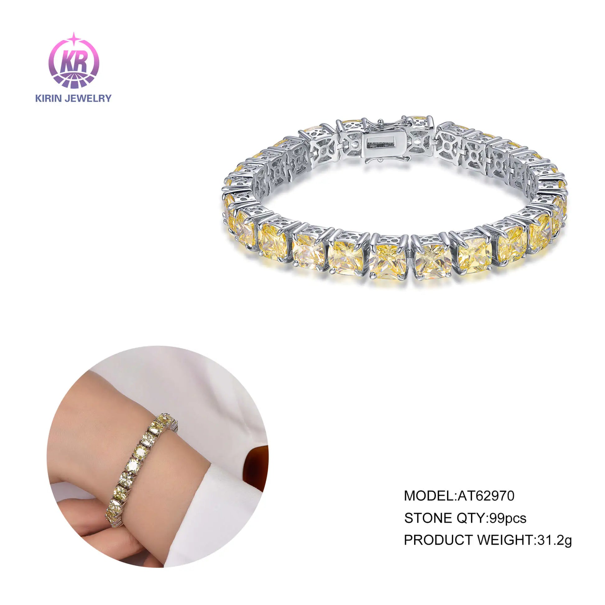 Wholesale Silver Cubic Zircon Lab Created Citrine Cushion Cut Tennis Bracelet for Women