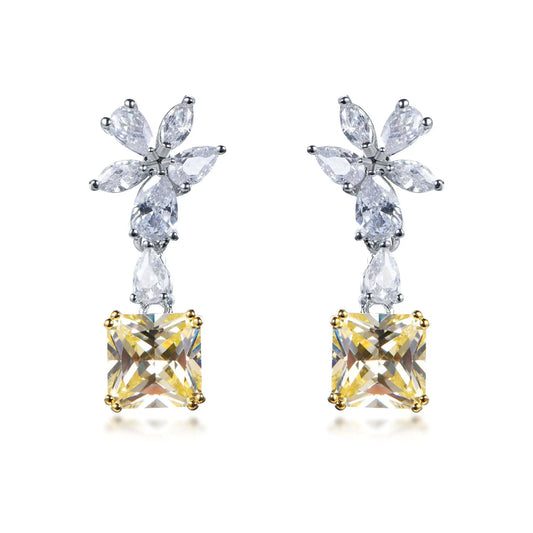 Wholesale Silver Cubic Zircon Lab Created Diamond & Citrine Square Dangle Earrings