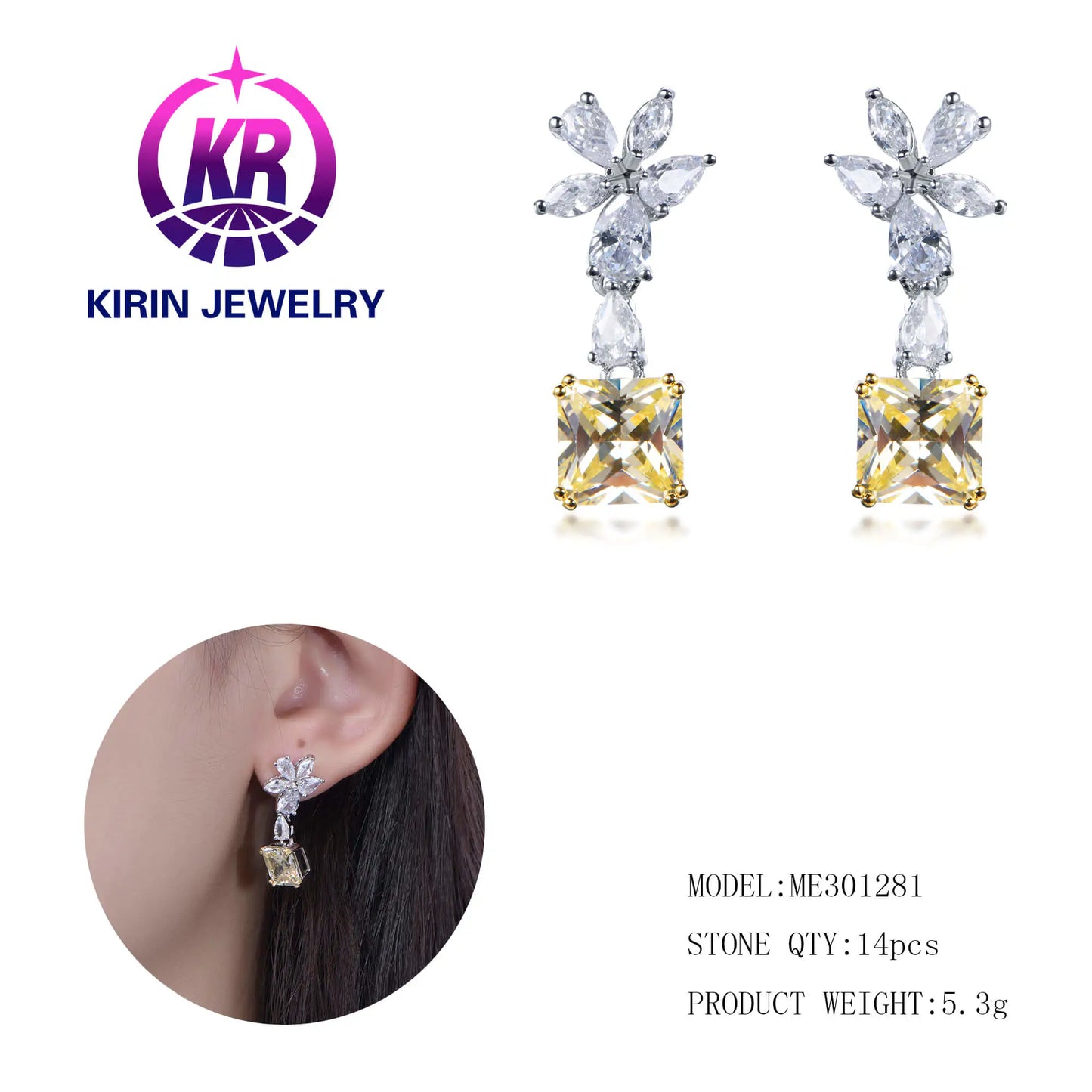 Wholesale Silver Cubic Zircon Lab Created Diamond & Citrine Square Dangle Earrings for Women