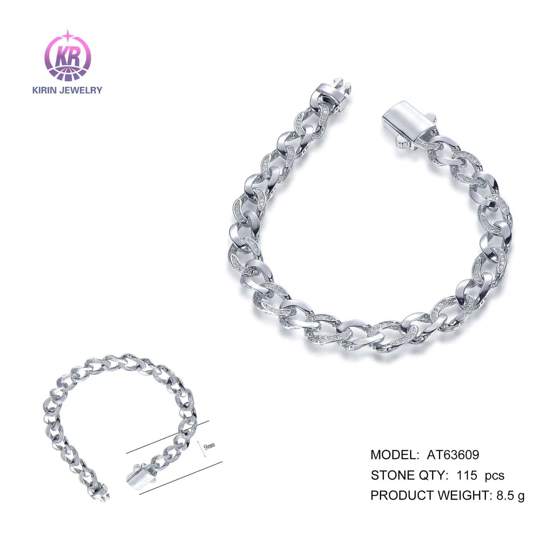 Wholesale Silver Cubic Zircon Lab Created Diamond Curb Chain Bracelet for Women