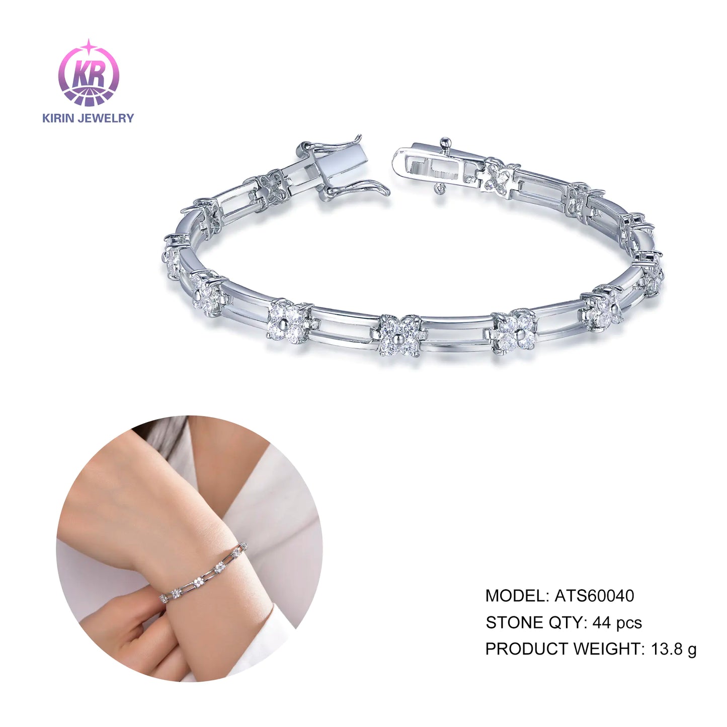 Wholesale Silver Cubic Zircon Lab Created Diamond Paper Clip Bracelet for Women