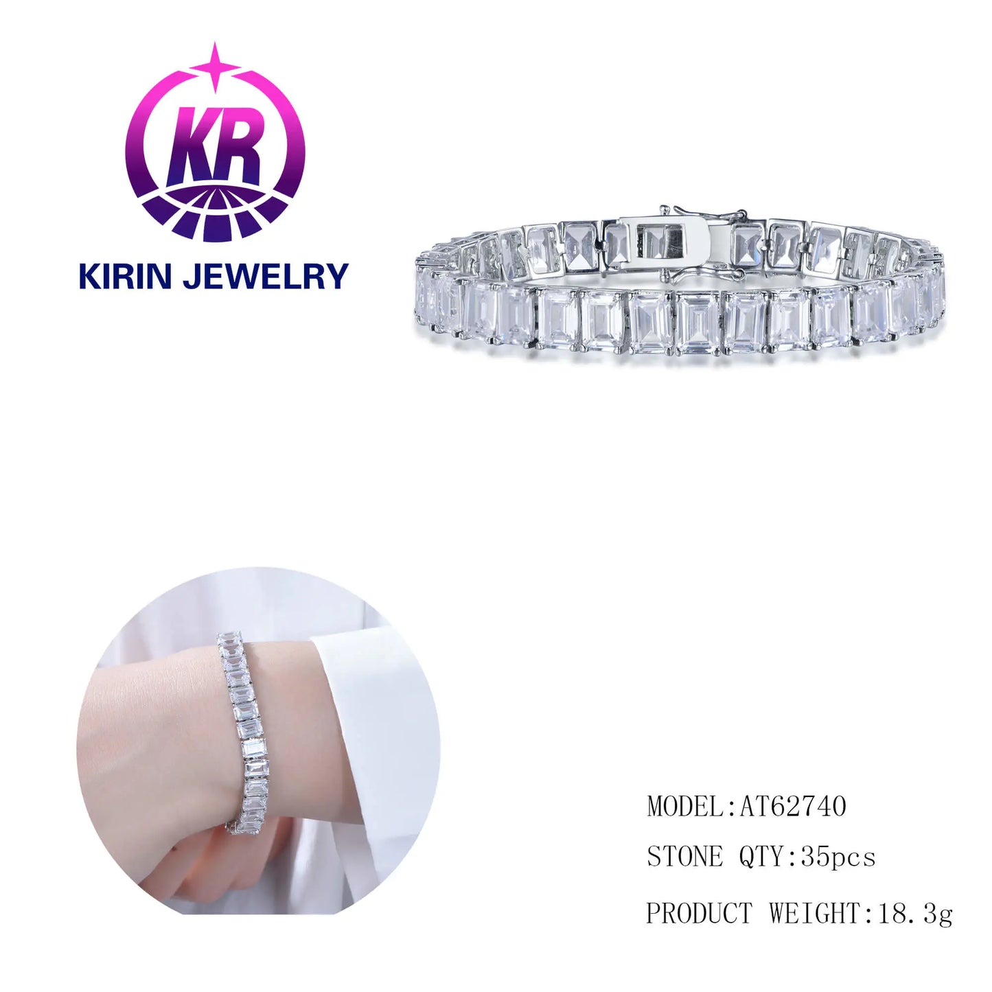 Wholesale Silver Cubic Zircon Lab Created Diamond Rectangle Tennis Bracelet for Women