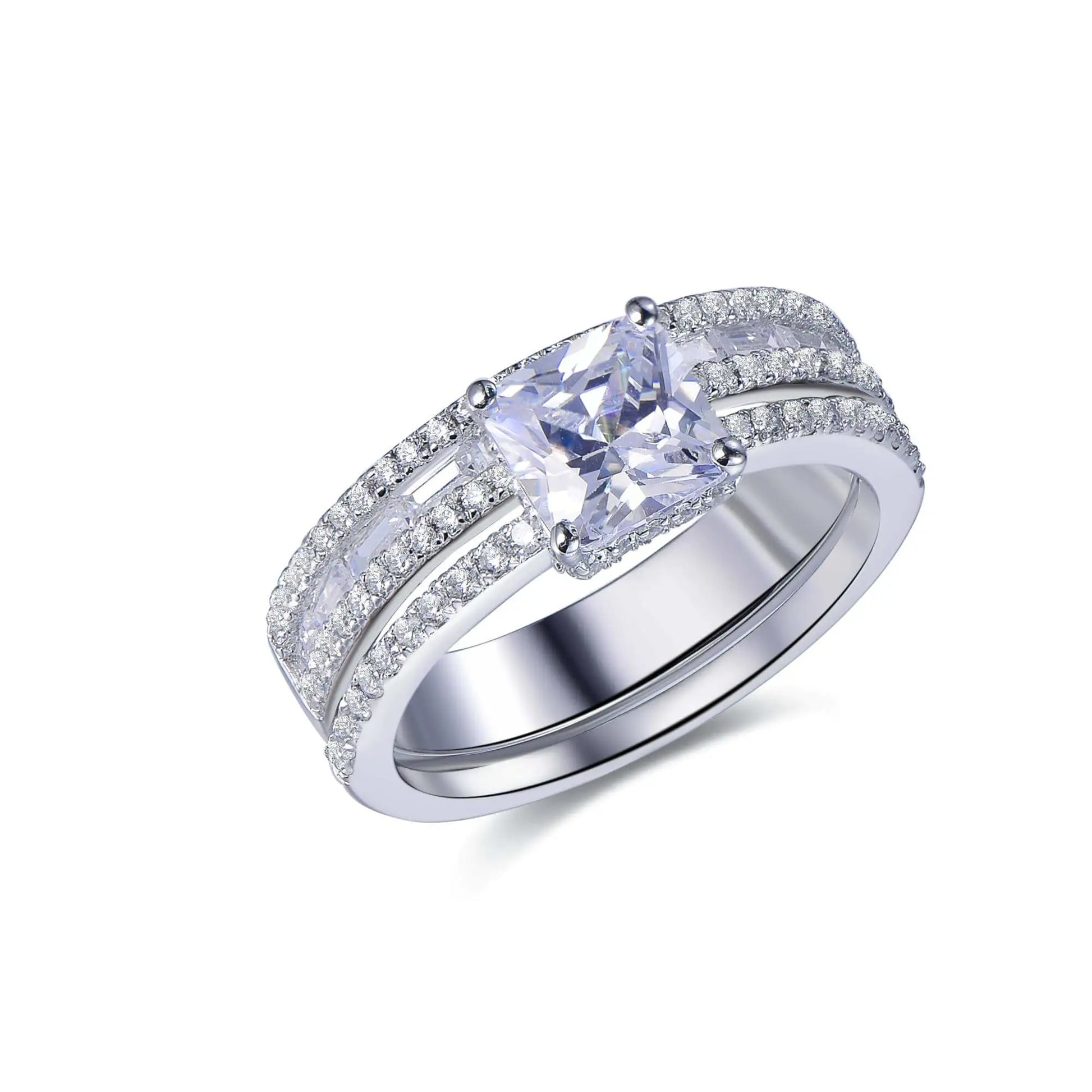 Wholesale Silver Cubic Zircon Lab Created Princess Cut Diamond Ring Set​