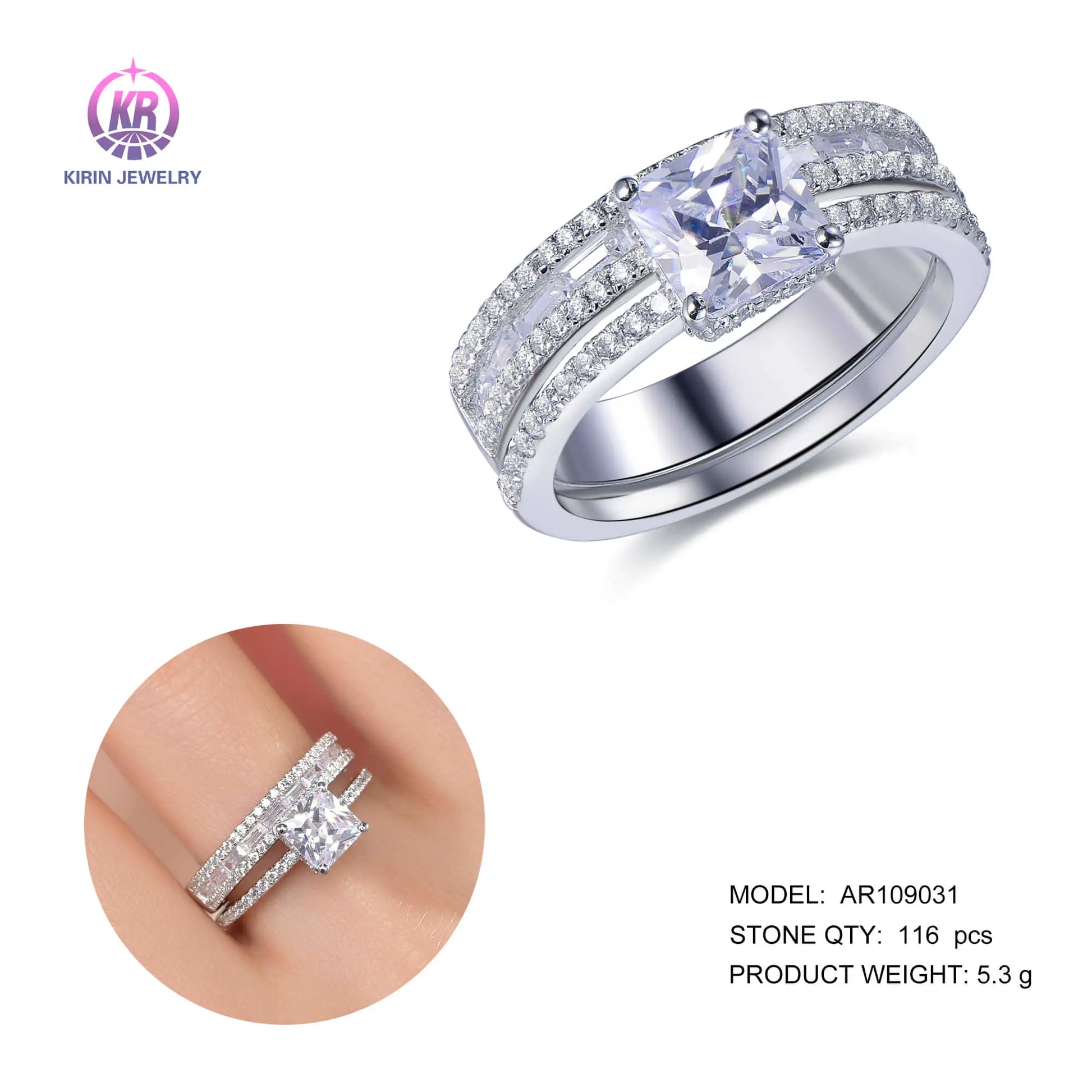 Wholesale Silver Cubic Zircon Lab Created Princess Cut Diamond Ring Set​ for Women