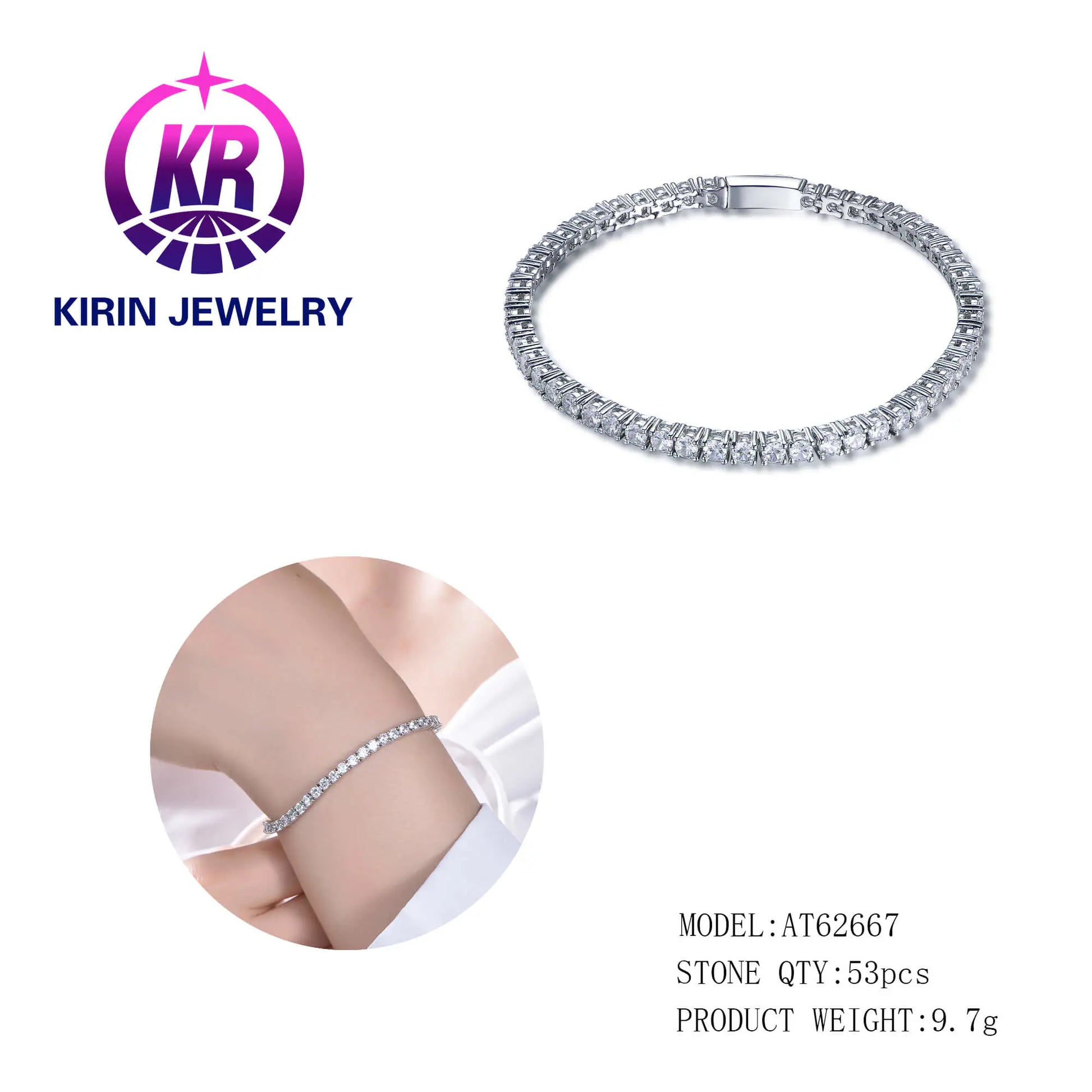 Wholesale Silver Cubic Zircon Lab Created Round Diamond Tennis Bracelet for Women