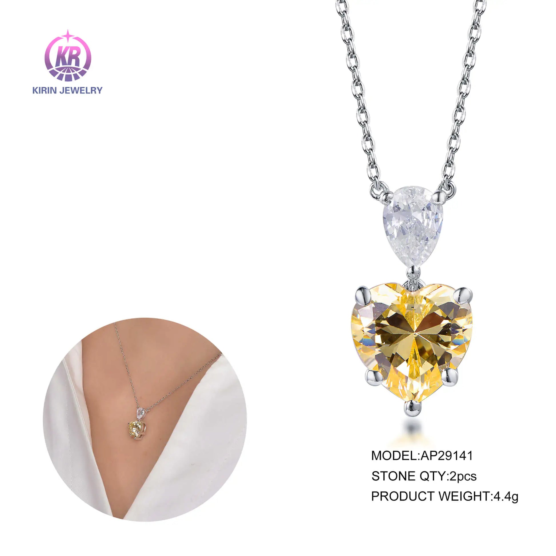 Wholesale Silver Cubic Zircon Lab Diamond & Yellow Citrine Two Stone Pendant for Women