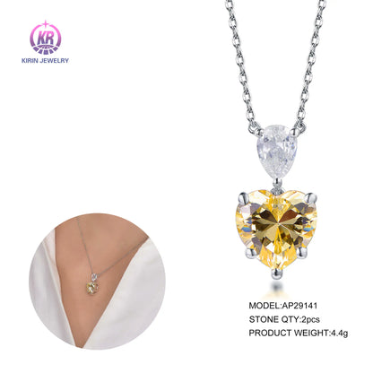 Wholesale Silver Cubic Zircon Lab Diamond & Yellow Citrine Two Stone Pendant for Women