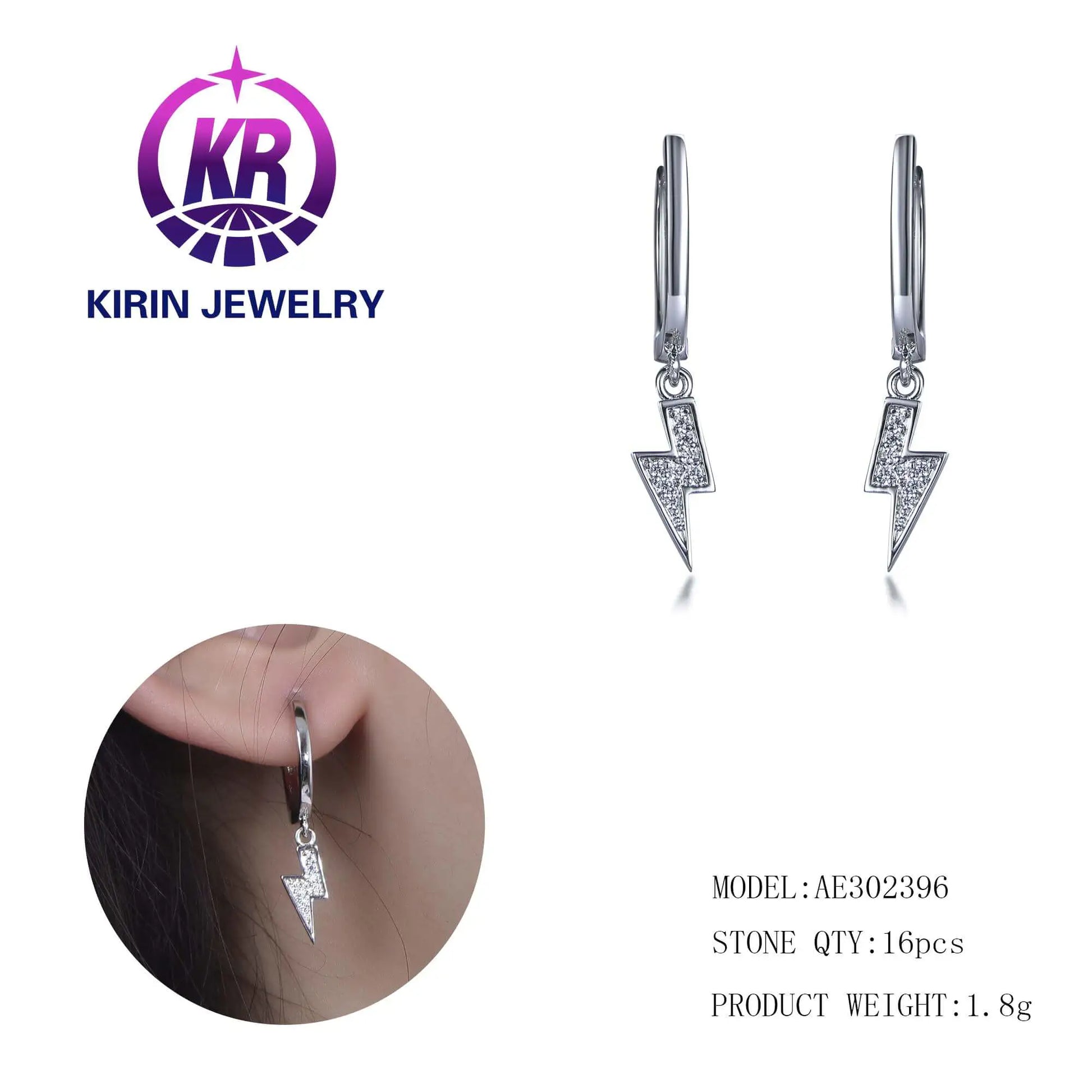 Wholesale Silver Cubic Zircon Lightweight Drop Lightning Bolt Hoop Earrings​ for Women