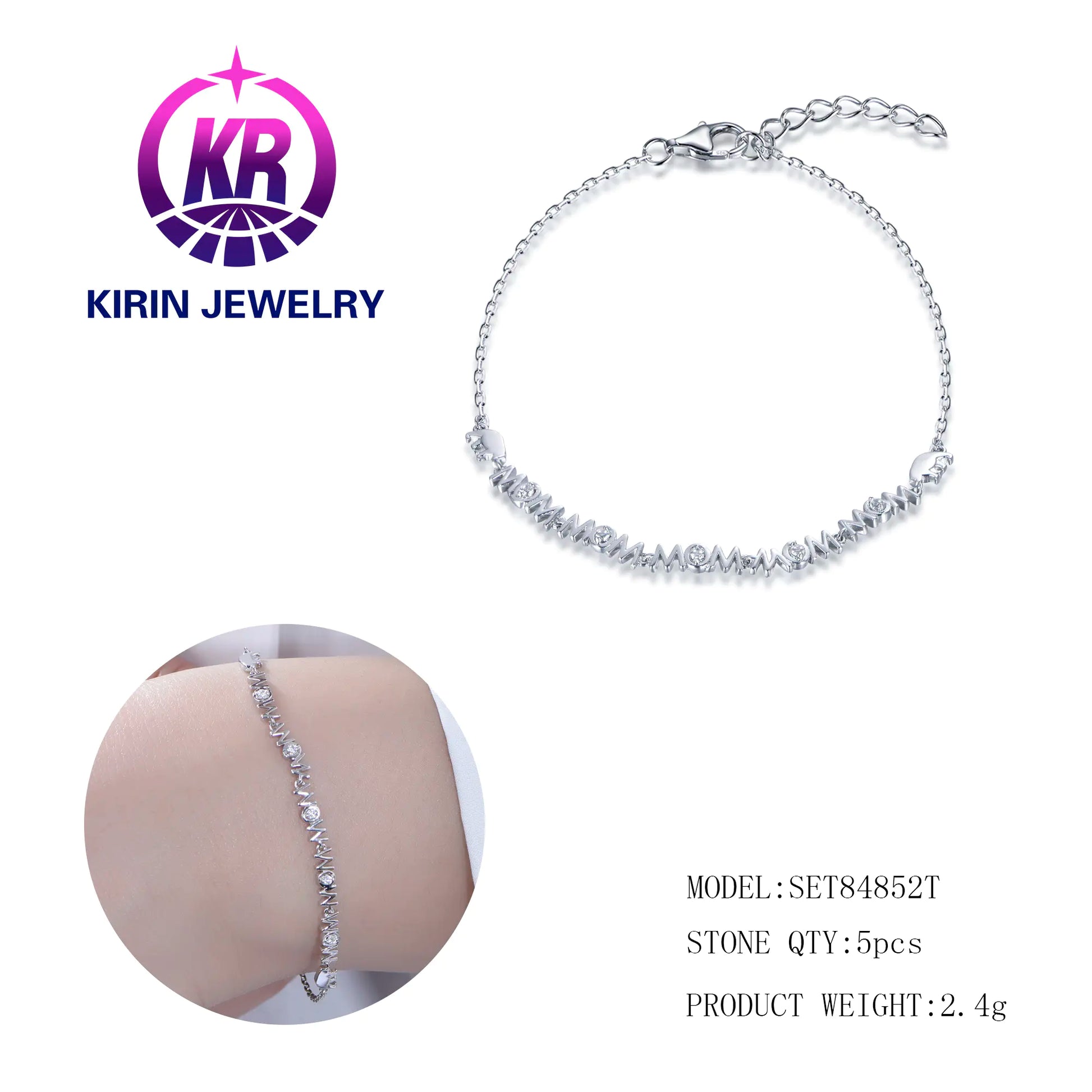 Wholesale Silver Cubic Zircon Lobster Lock Clasp Adjustable Mom Bracelet for Women
