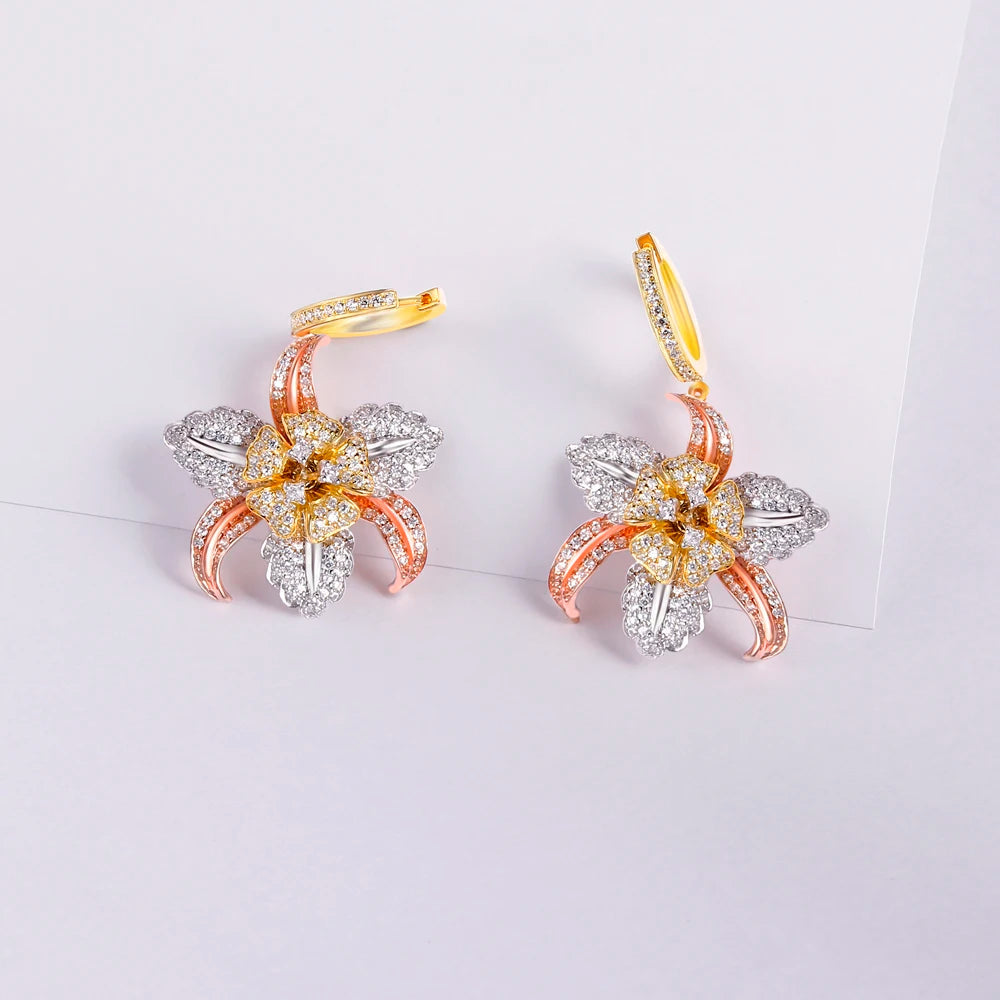 Wholesale Silver Cubic Zircon Mult-color Statement Flower Bridal Jewelry Sets-Earring