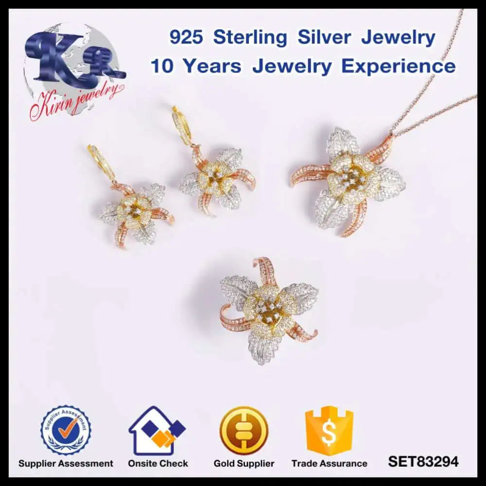 Wholesale Silver Cubic Zircon Mult-color Statement Flower Bridal Jewelry Sets