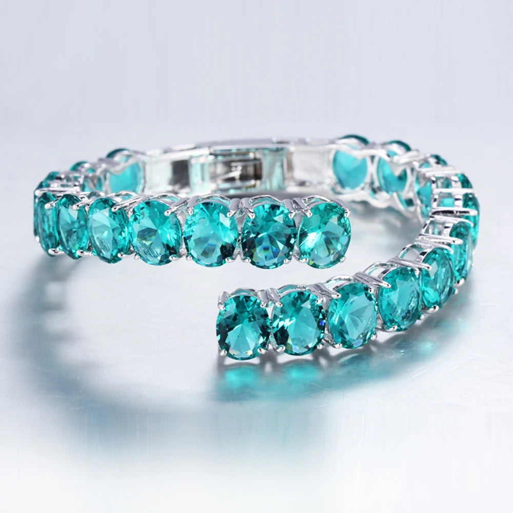 Wholesale Silver Cubic Zircon Oval Cut Created Sapphire Open Cuff Bangle