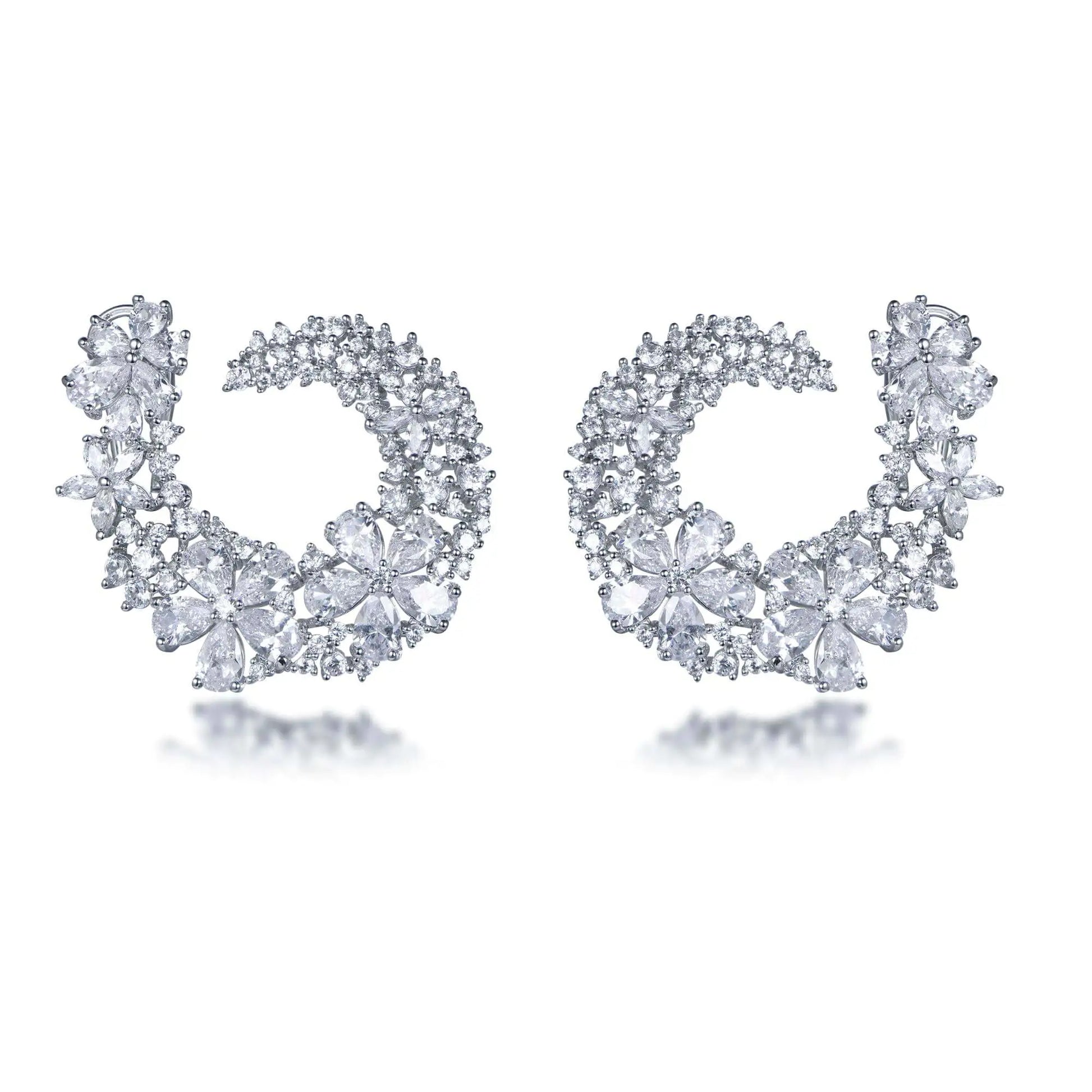 Wholesale Silver Cubic Zircon Paved Flower Design Semi-Hoop Statement Earrings