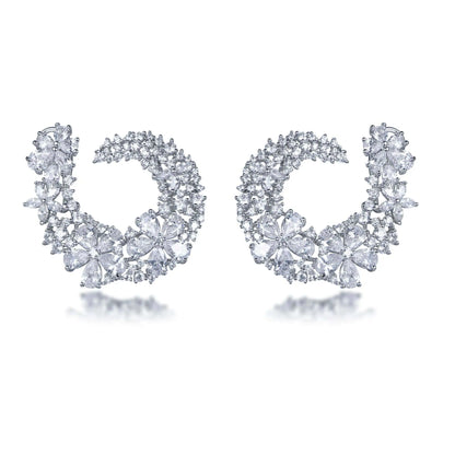 Wholesale Silver Cubic Zircon Paved Flower Design Semi-Hoop Statement Earrings