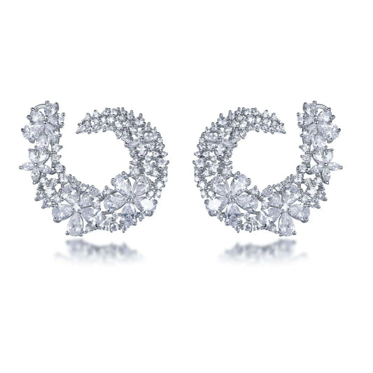 Wholesale Silver Cubic Zircon Paved Flower Design Semi-Hoop Statement Earrings