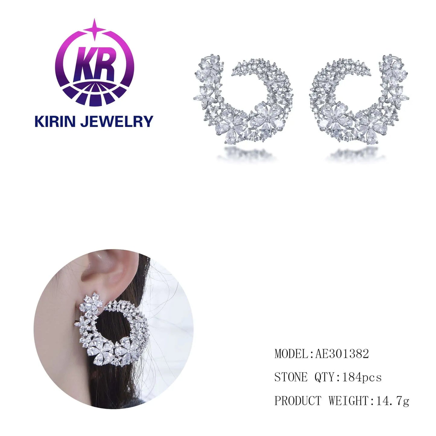 Wholesale Silver Cubic Zircon Paved Flower Design Semi-Hoop Statement Earrings for Women