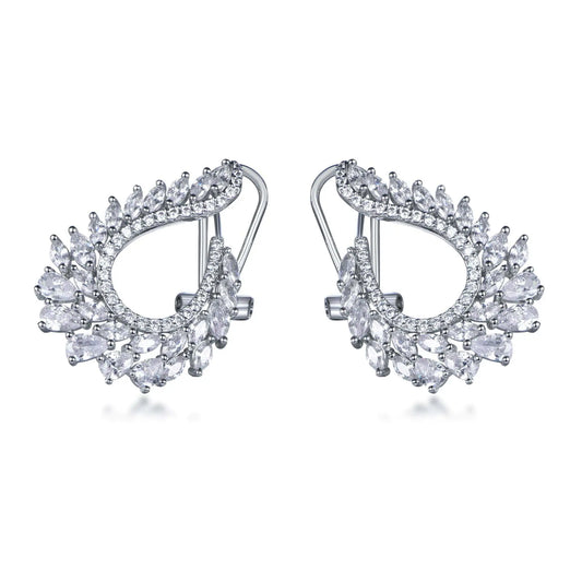 Wholesale Silver Cubic Zircon Pear & Marquise Cut Curved Leaf Cluster Earrings​