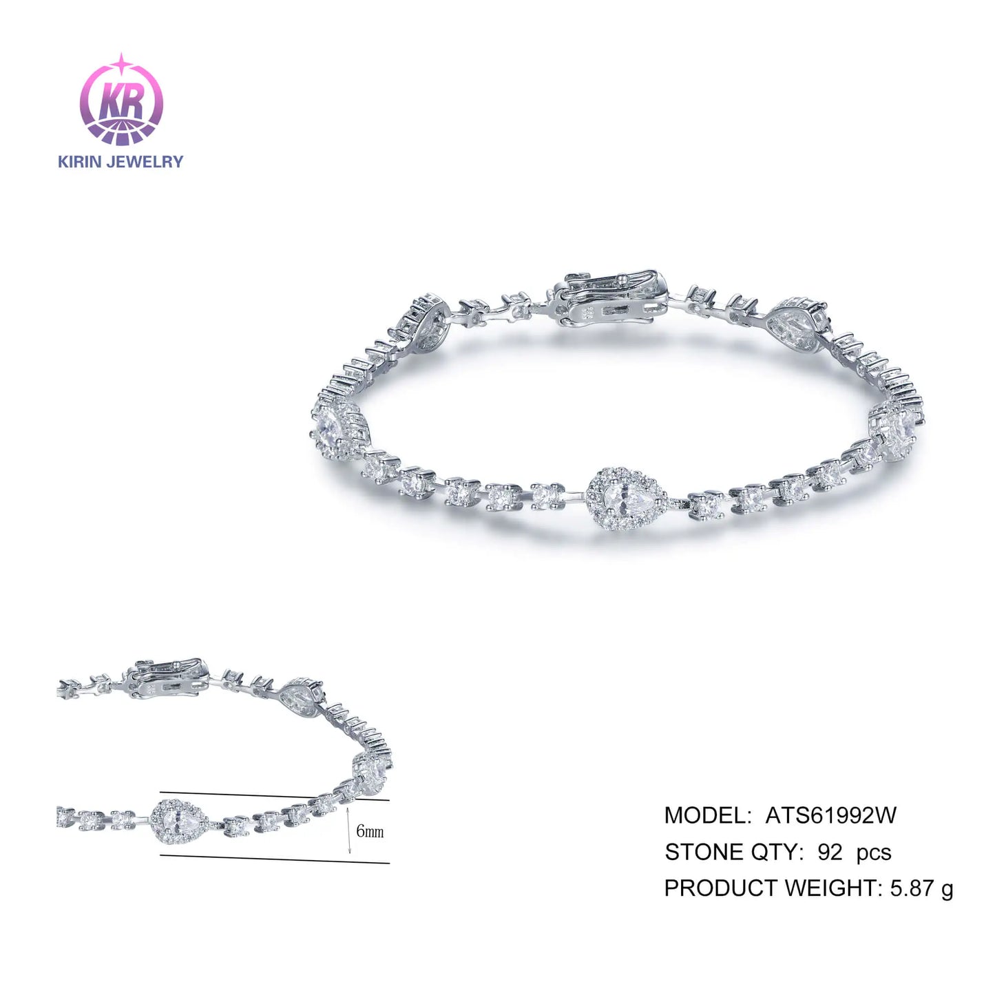 Wholesale Silver Cubic Zircon Pear Round Lab Diamond Tennis Bracelet​ for Women