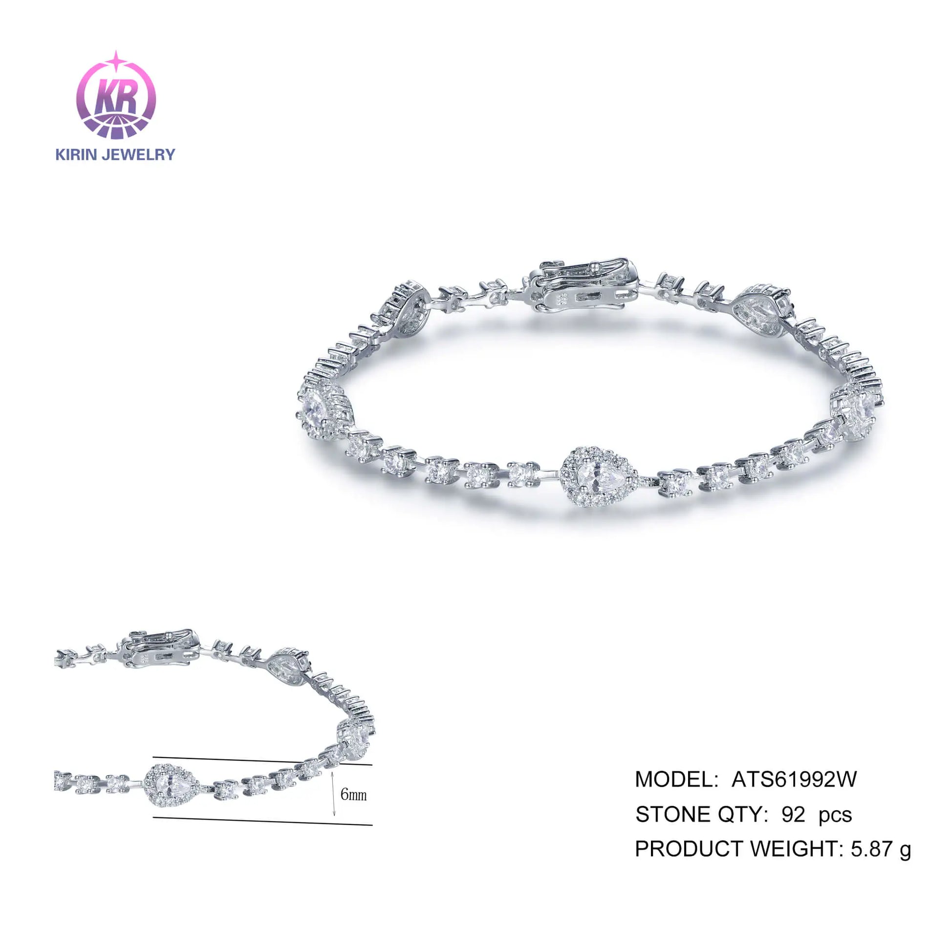 Wholesale Silver Cubic Zircon Pear Round Lab Diamond Tennis Bracelet​ for Women
