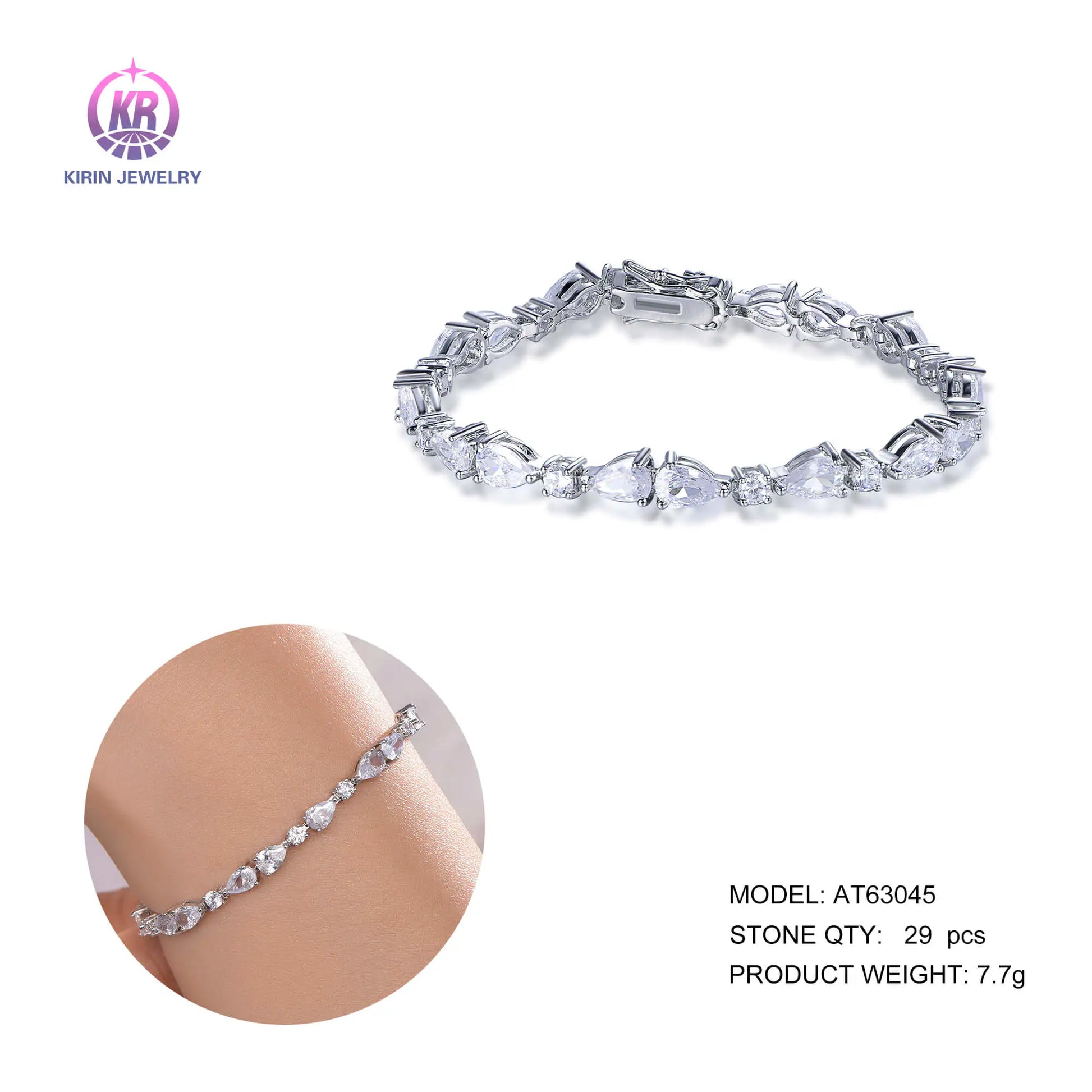Wholesale Silver Cubic Zircon Pear Round Lab Diamonds Tennis Bracelet for Women