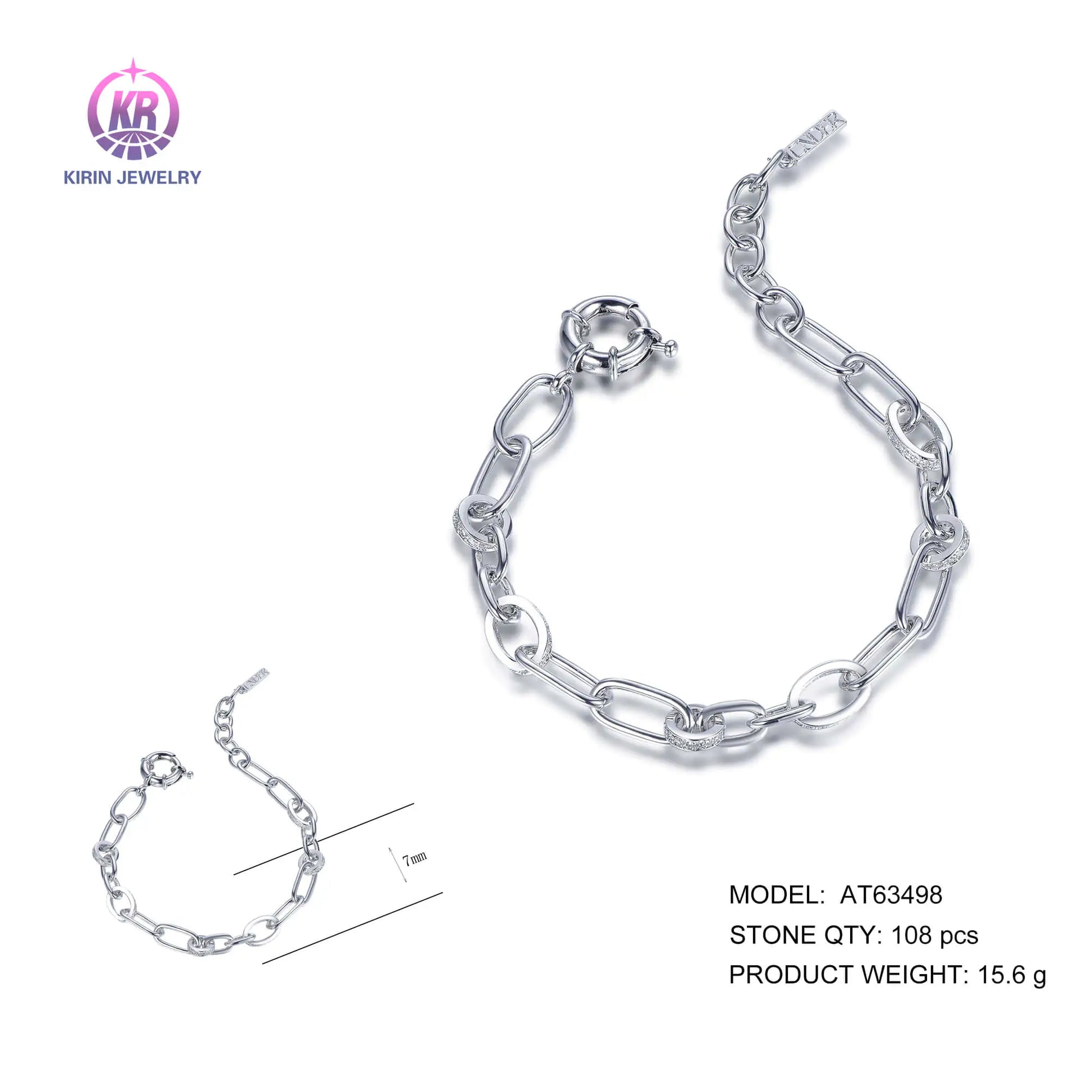 Wholesale Silver Cubic Zircon Personalized Adjustable Paperclip Chain Bracelet for Women