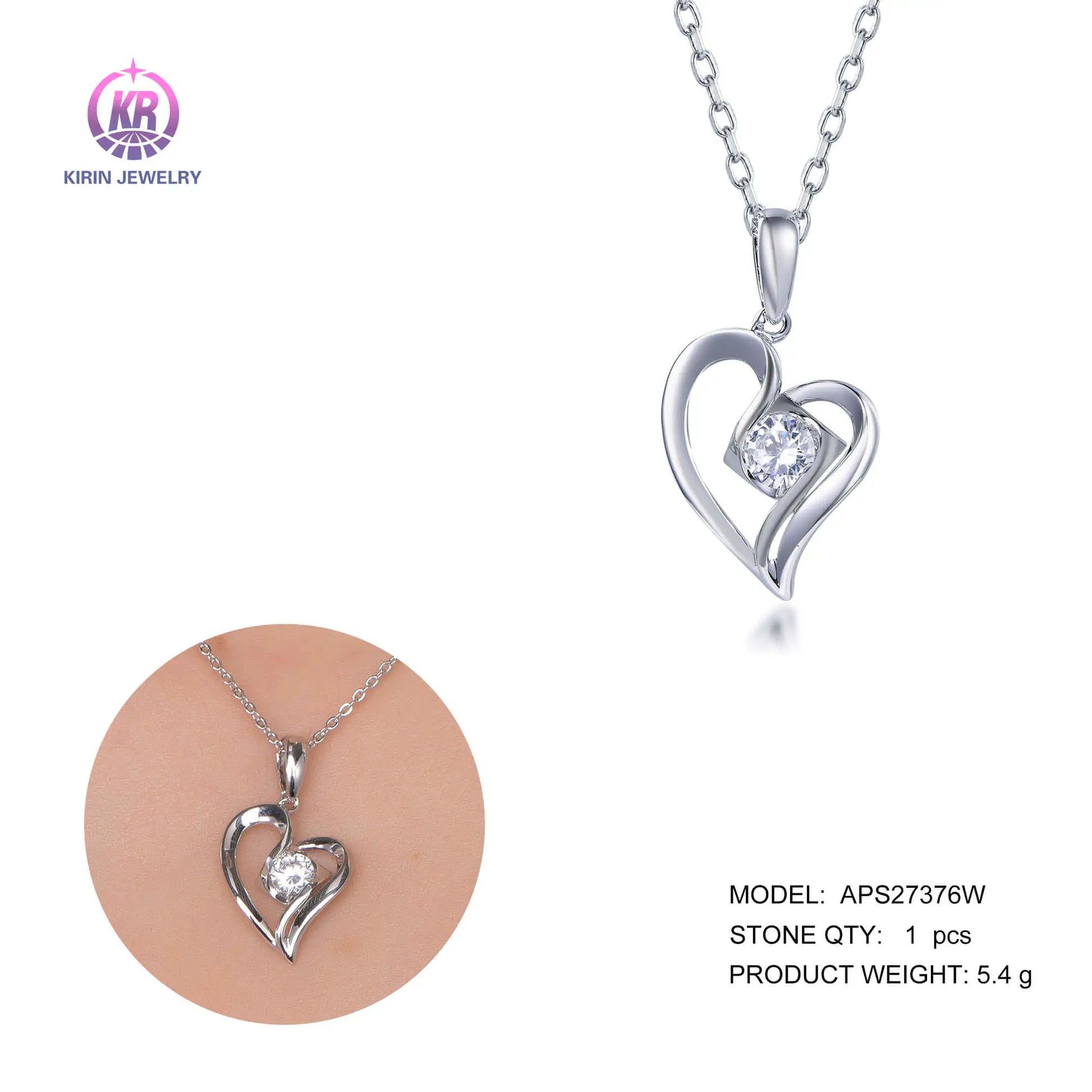 Wholesale Silver Cubic Zircon Round Brilliant Cut Lab Diamond Heart Pendant for Women