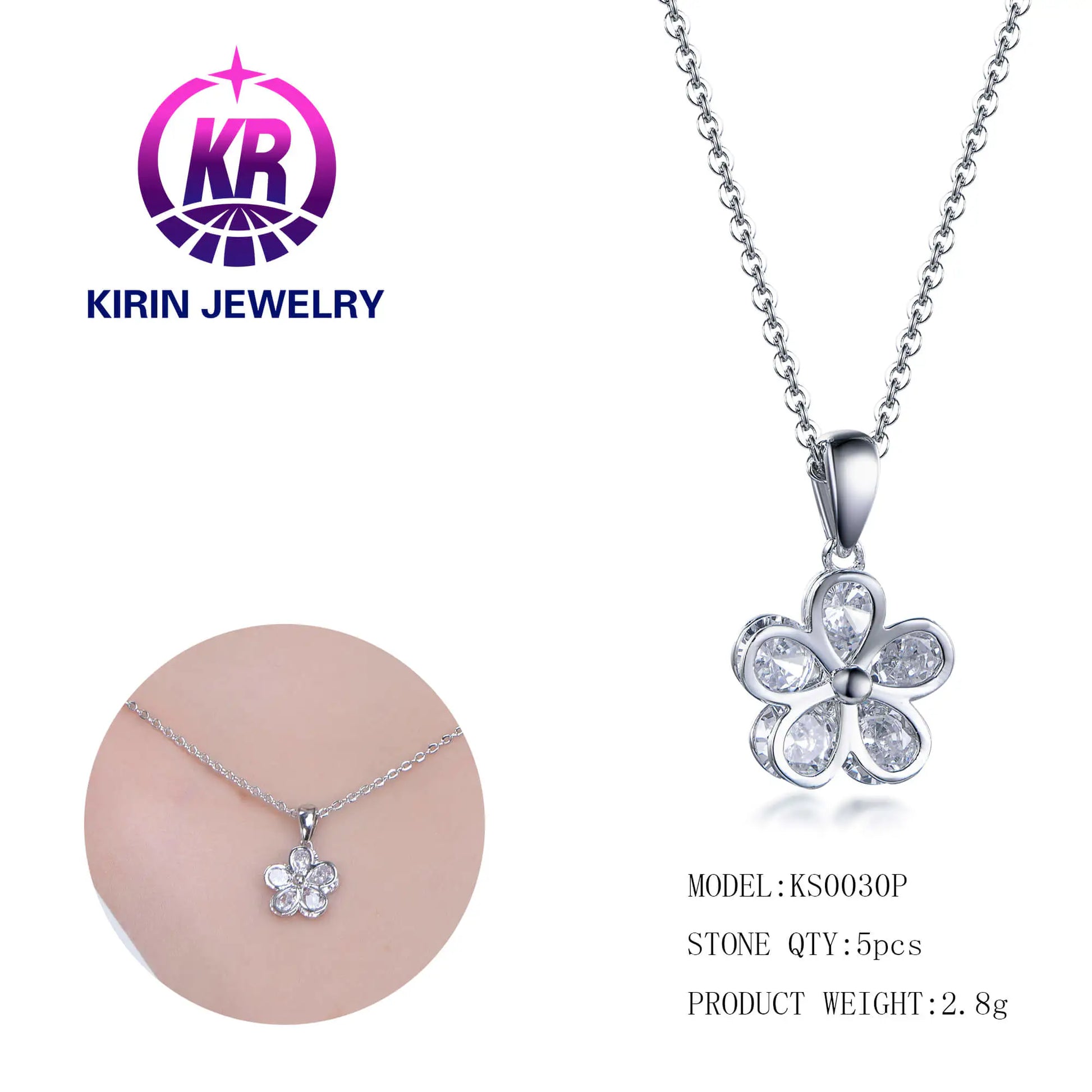 Wholesale Silver Cubic Zircon Round Cluster Five-Petal Design Flower Pendant​ for Women