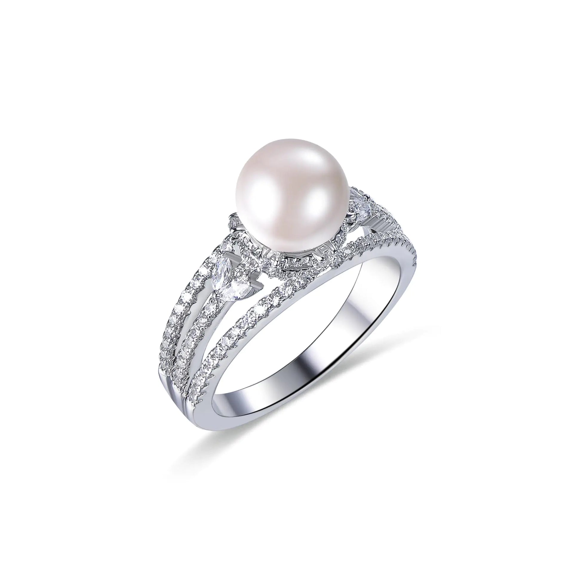 Wholesale Silver Cubic Zircon & Shell Pearl Split Shank Pearl and Diamond Ring
