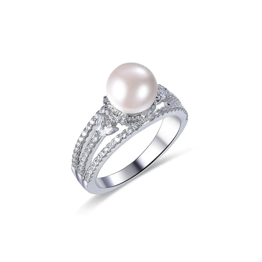 Wholesale Silver Cubic Zircon & Shell Pearl Split Shank Pearl and Diamond Ring