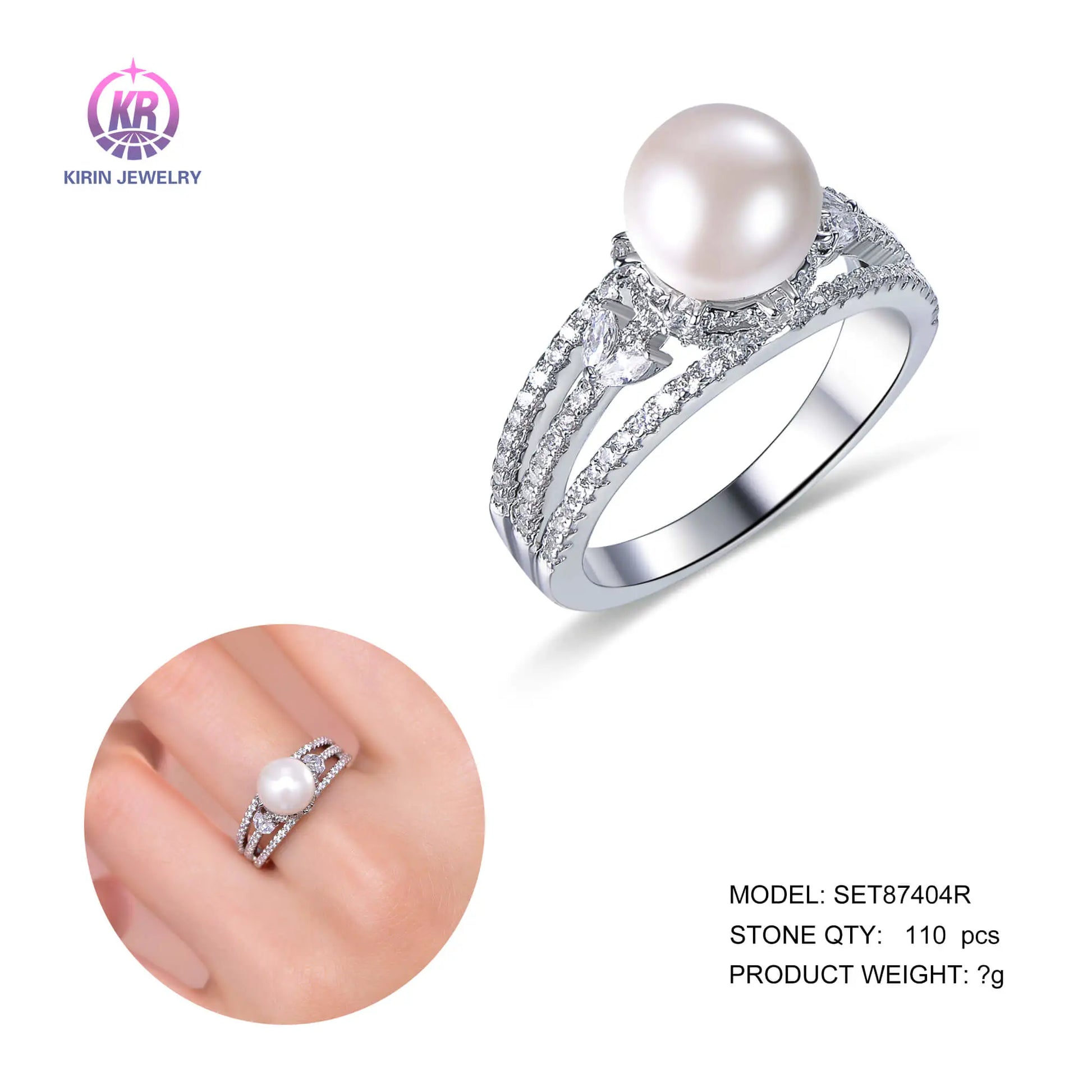 Wholesale Silver Cubic Zircon & Shell Pearl Split Shank Pearl and Diamond Ring for Women